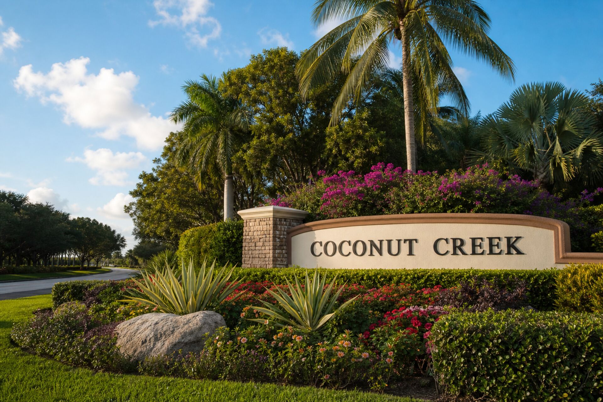 Welcome sign at the entrance to Coconut Creek, Florida