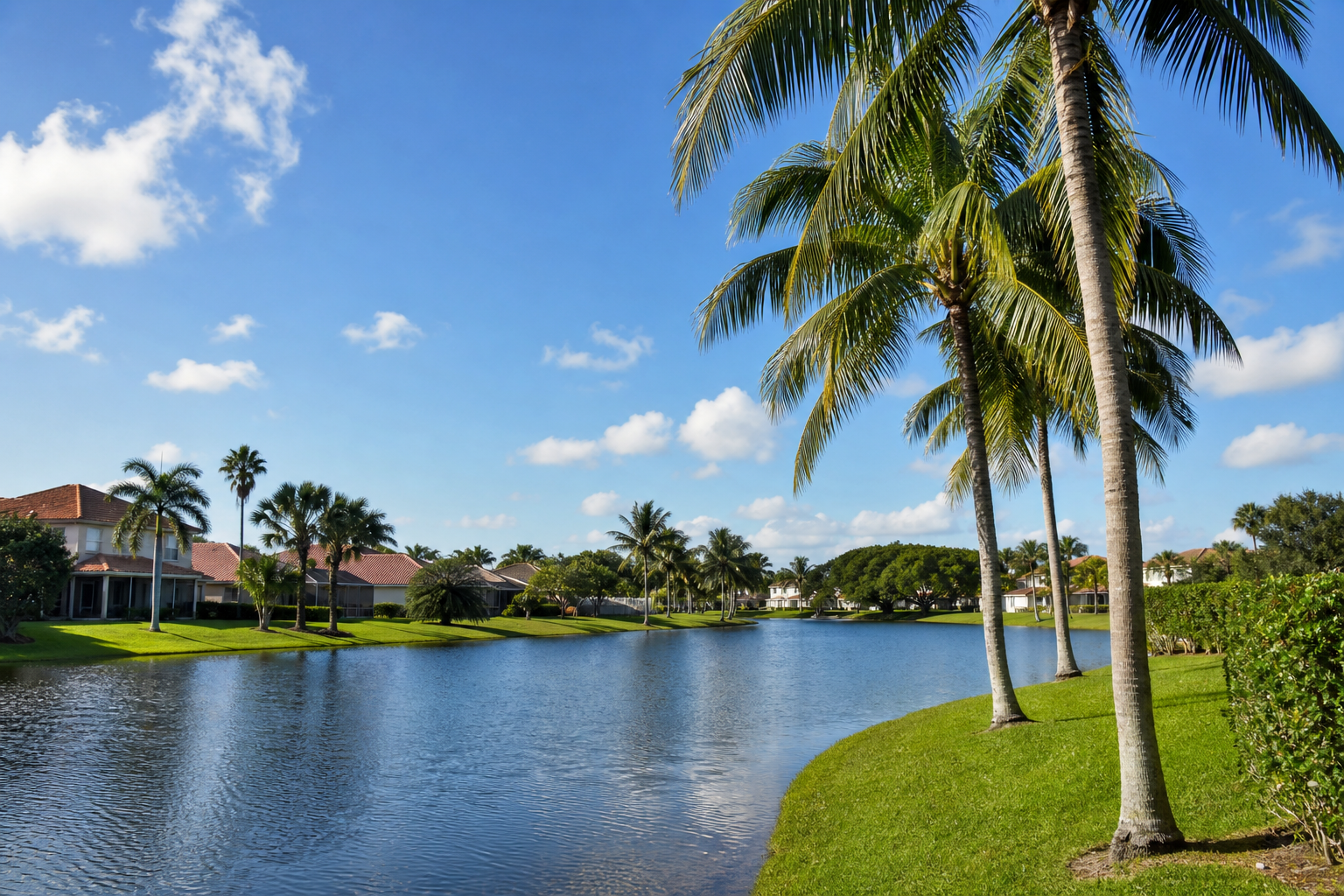 Park lake and Florida homes in Coral Springs, Florida