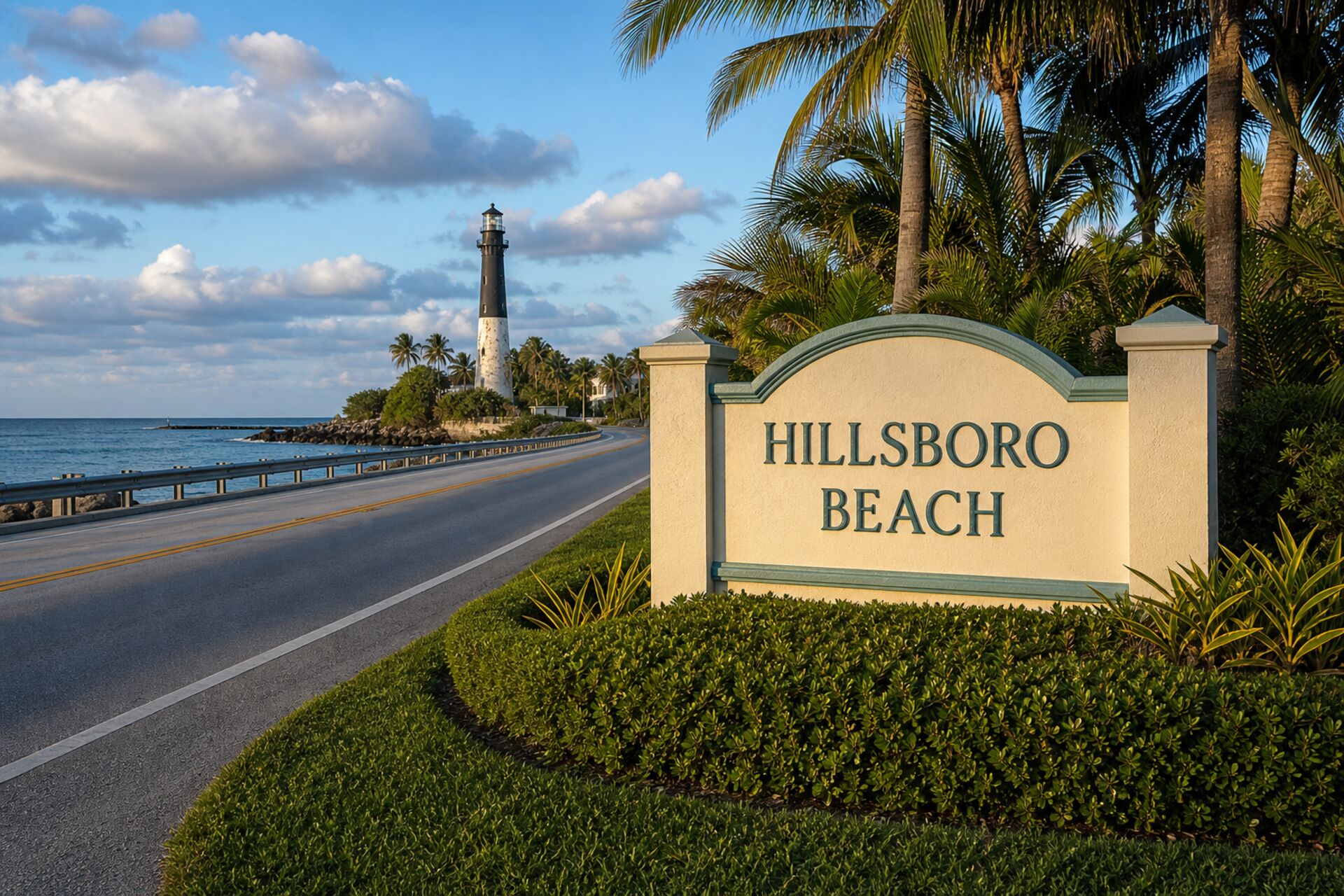 Welcome sign at the entrance to Hillsboro Beach, Florida
