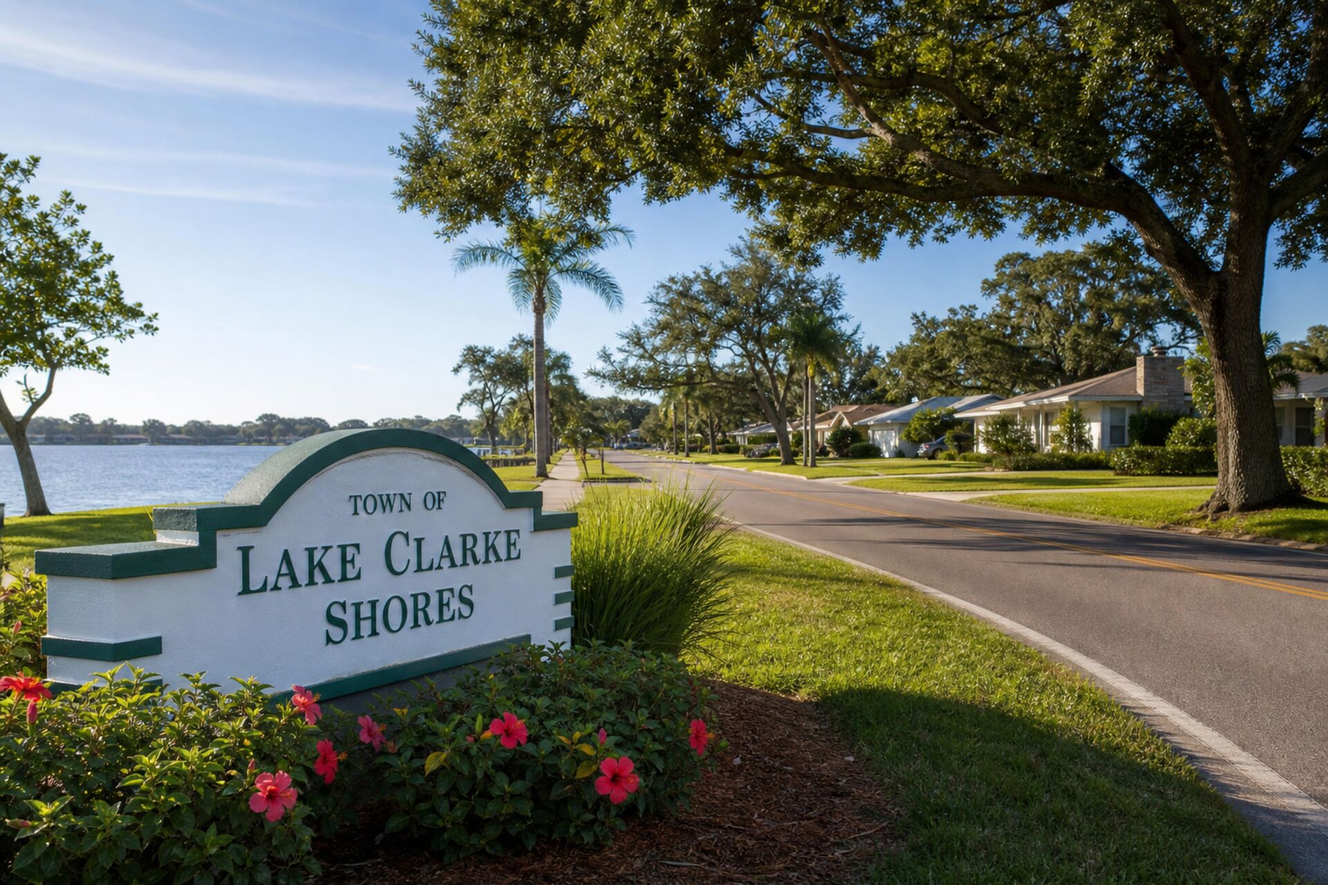 Welcome sign at the entrance to Lake Clarke Shores, Florida