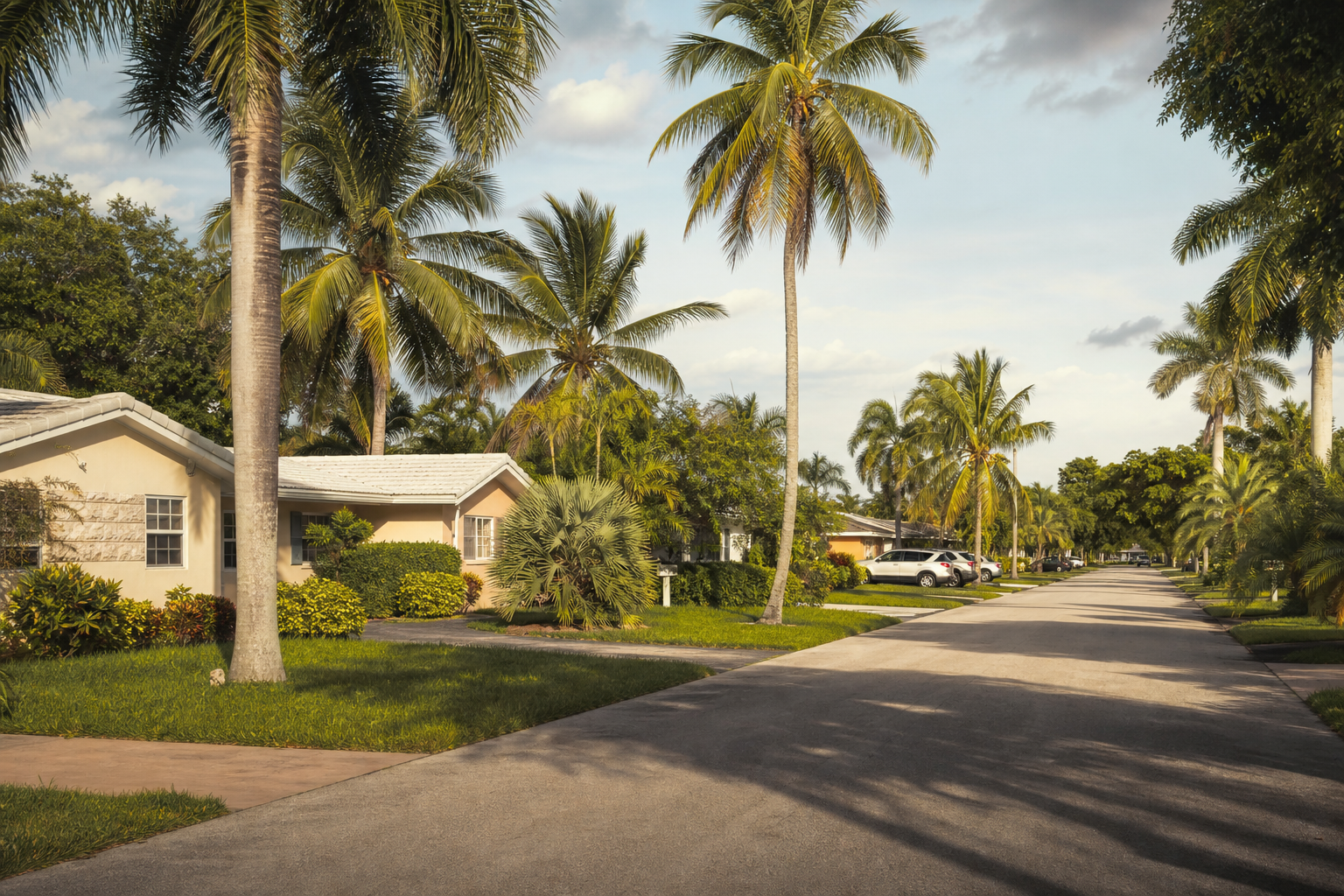Palm-lined residential street in Lauderhill, Florida