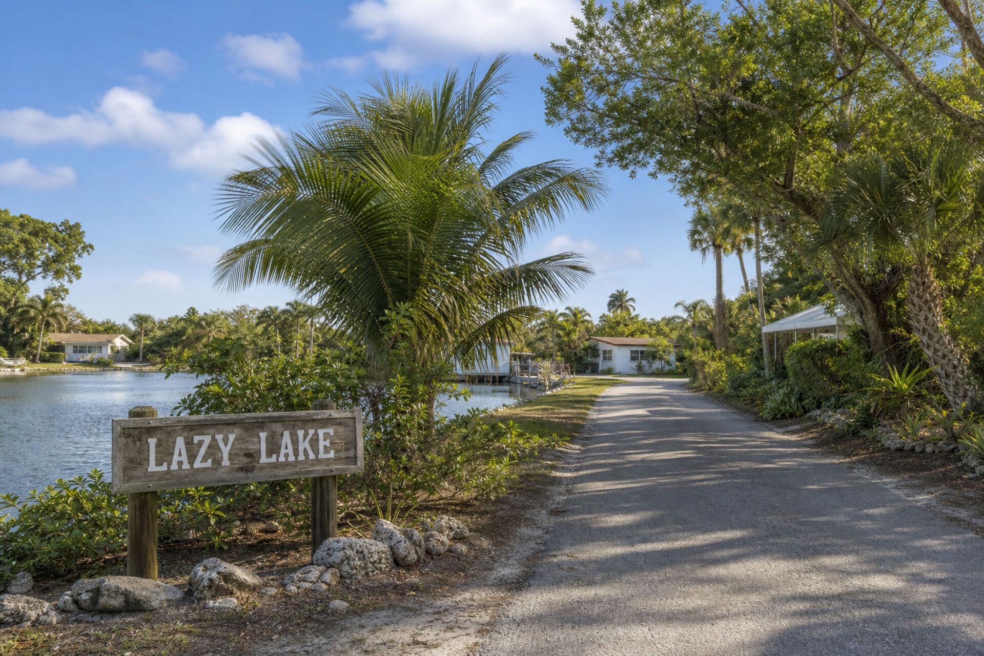 Welcome sign at the entrance to Lazy Lake, Florida