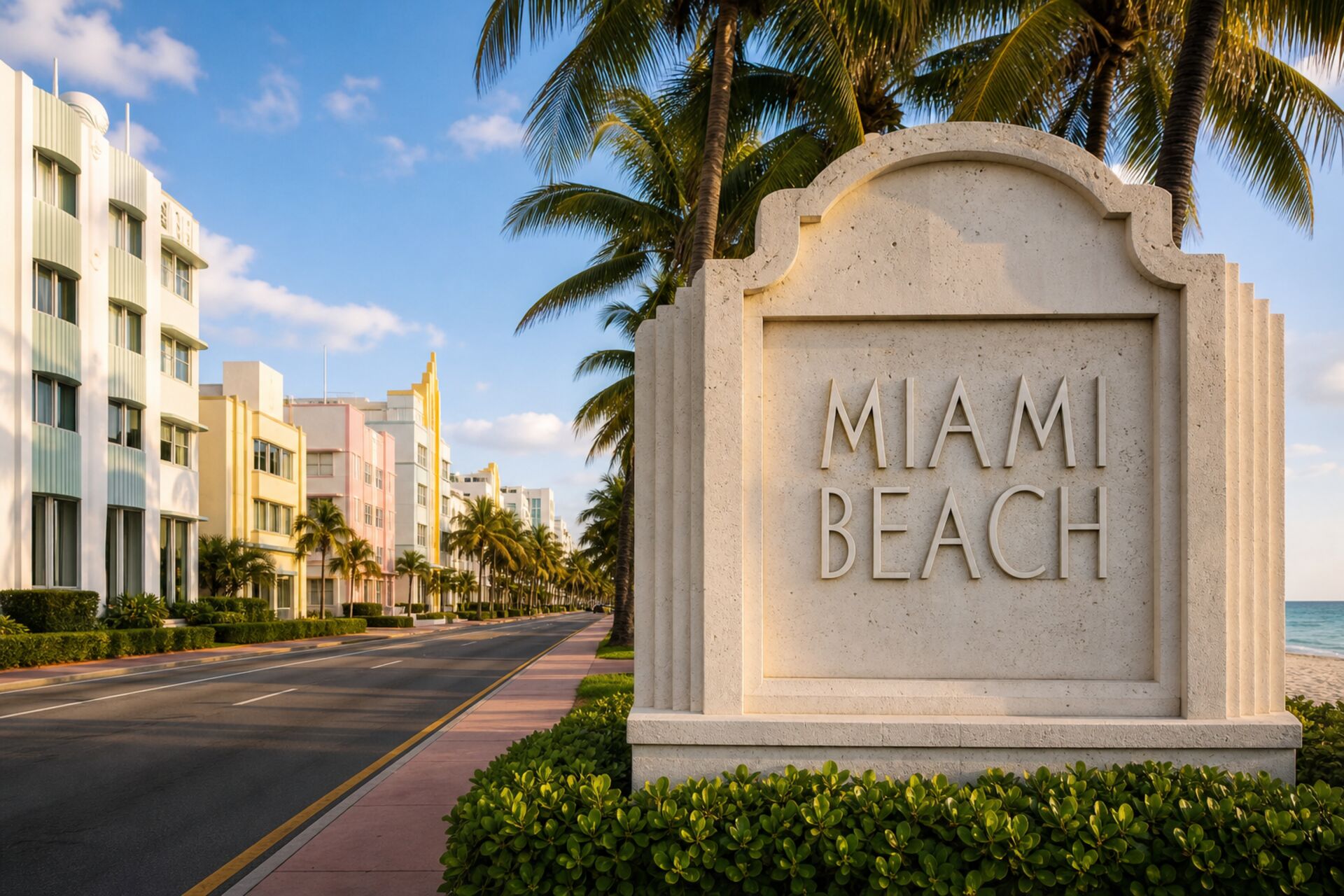 Welcome sign at the entrance to Miami Beach, Florida