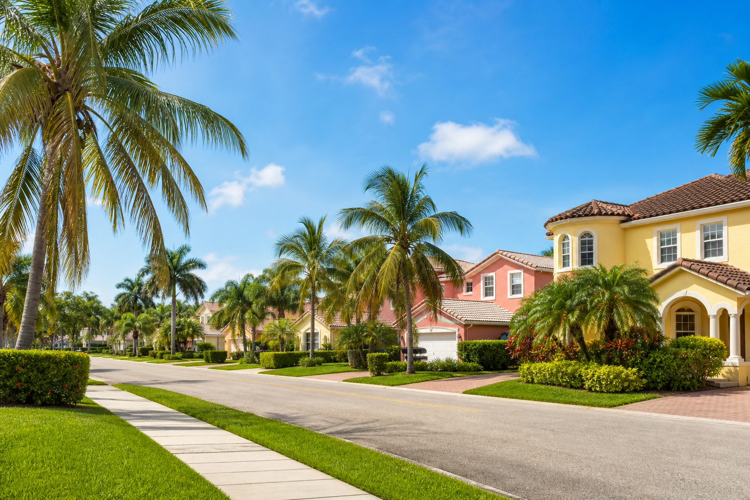 Residential neighborhood with palm trees in Miami Gardens, Florida