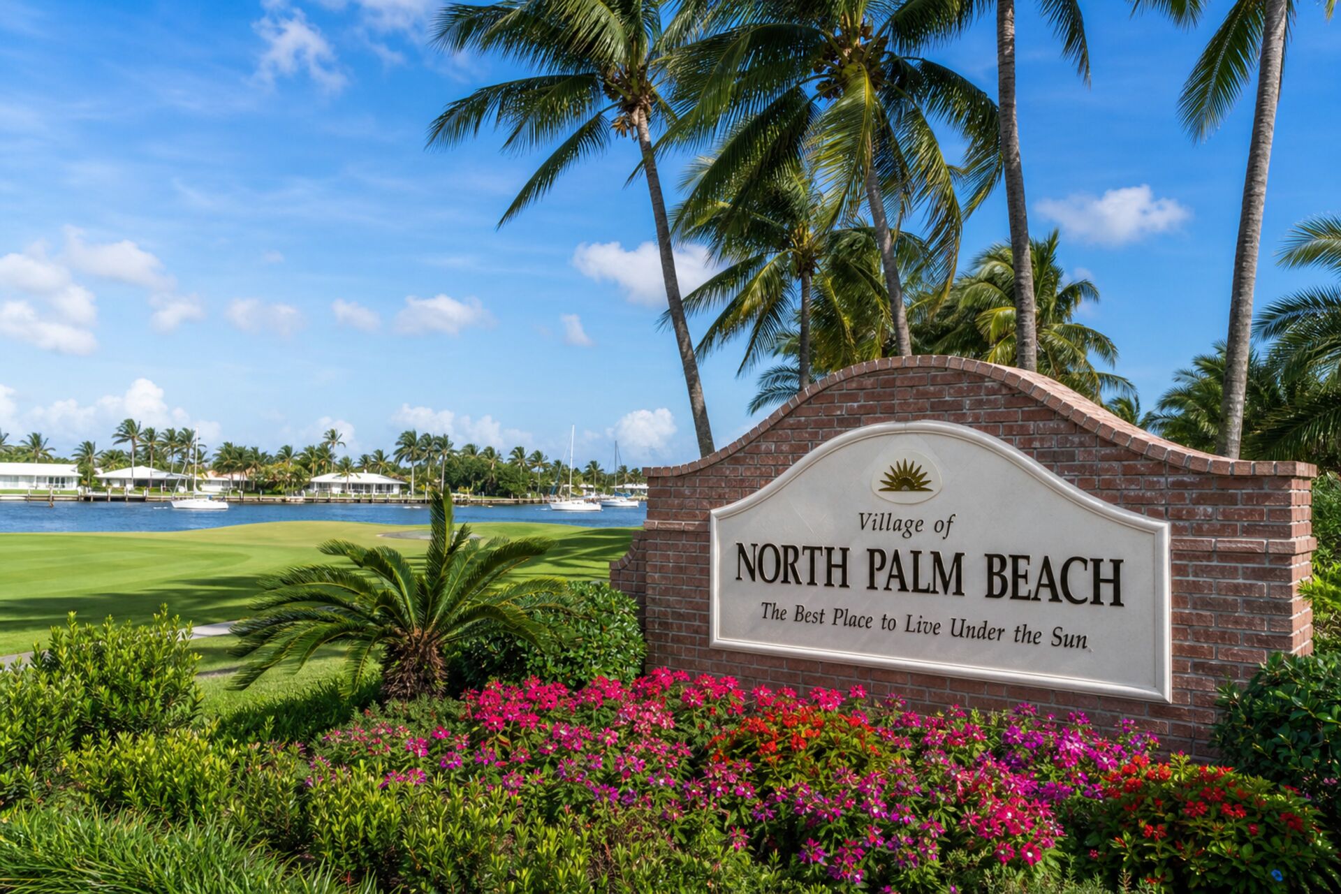 Welcome sign at the entrance to North Palm Beach, Florida