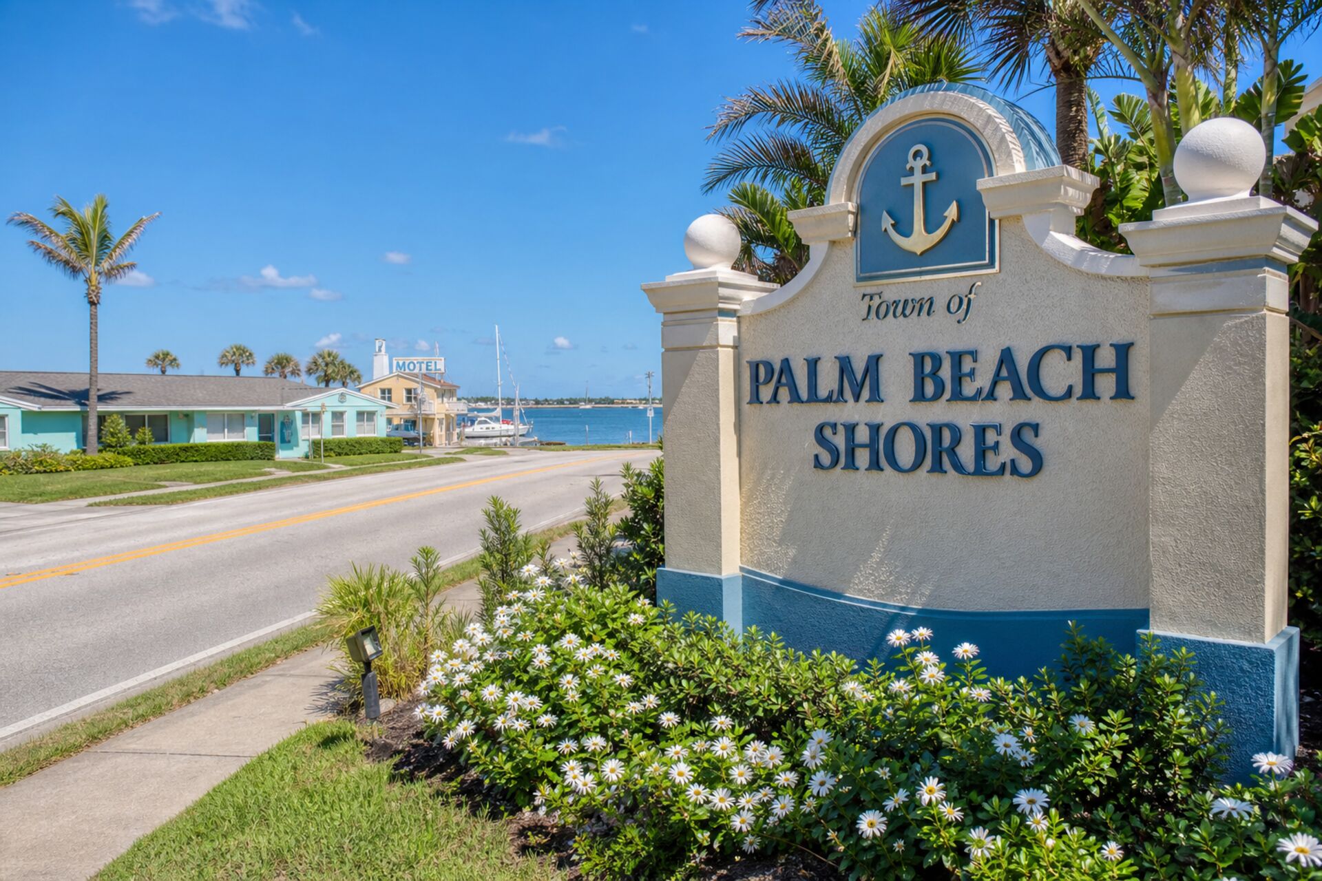 Welcome sign at the entrance to Palm Beach Shores, Florida
