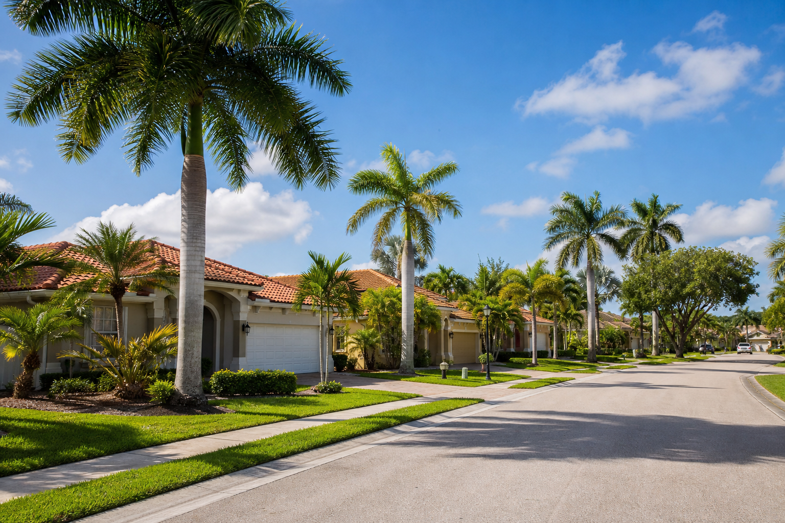 Palm-lined residential street in Pembroke Pines, Florida