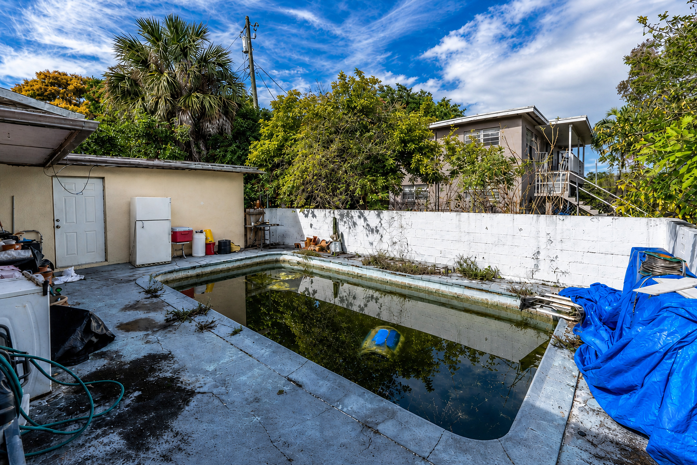 Patio trasero descuidado del sur de Florida con una piscina turbia, escombros y un paisaje cubierto de maleza
