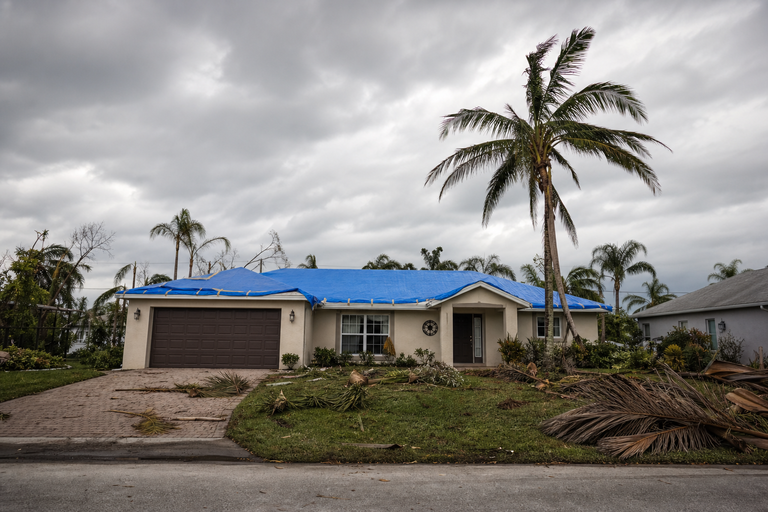 Casa del sur de Florida con lonas de techo dañadas por la tormenta y escombros en el patio después de un huracán